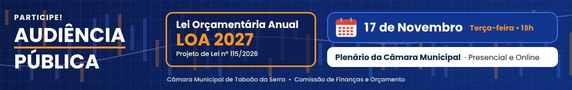 Participe! Audiência Pública da Lei Orçamentária Anual — LOA 2027, Projeto de Lei nº 115/2026, em 17 de novembro, terça-feira, às 18h, no Plenário da Câmara Municipal, presencial e online. Comissão de Finanças e Orçamento.